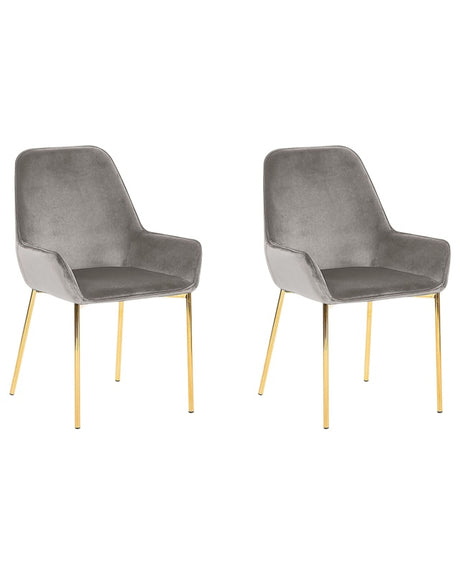 Set of 2 Dining Chairs Grey Velvet Upholstery Gold Legs Retro Glamour Beliani