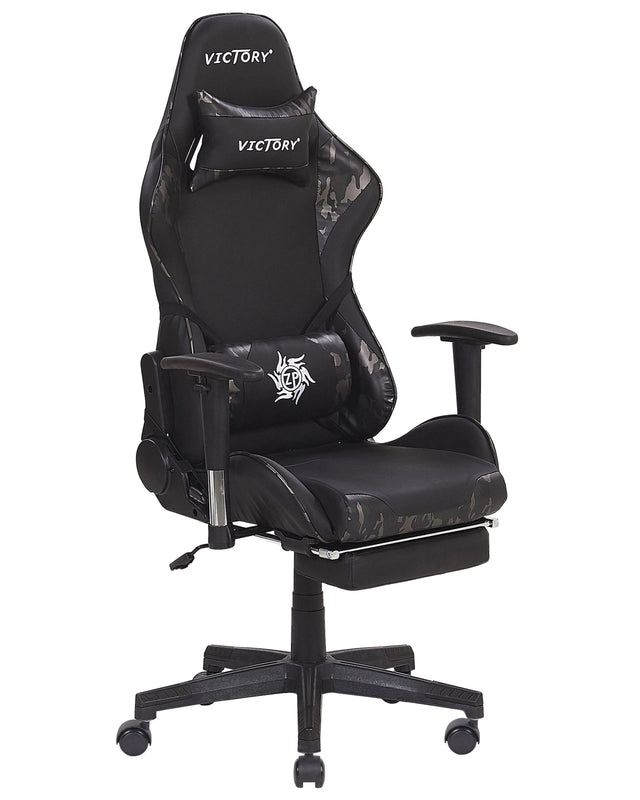 Gaming Chair Black Camo Faux Leather Swivel Adjustable Armrests and Height Footrest Modern Beliani