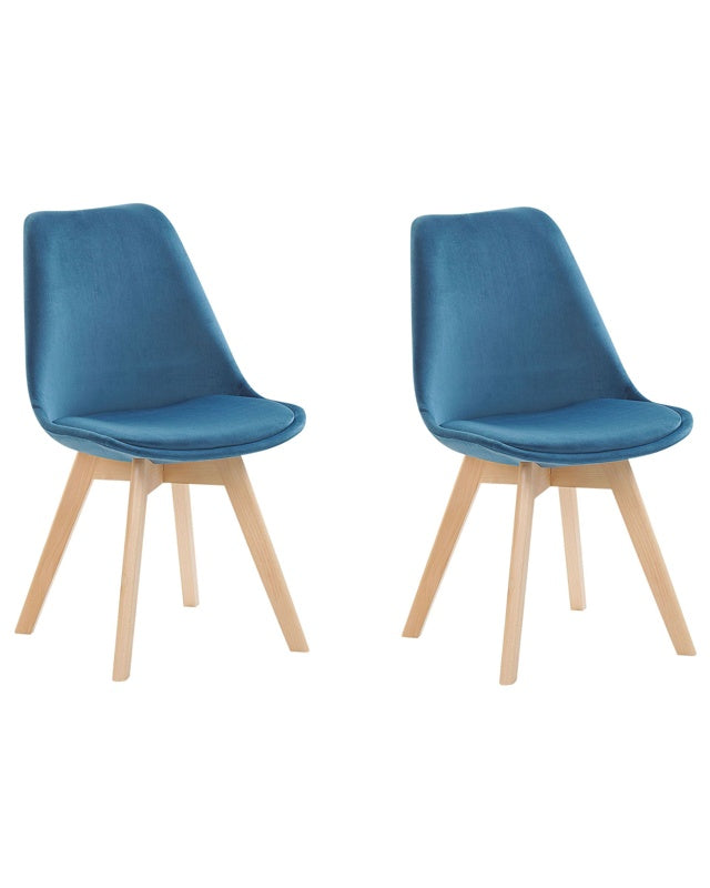 Set of 2 Dining Chairs Blue Velvet Upholstery Seat Sleek Wooden Legs Modern Design  Beliani