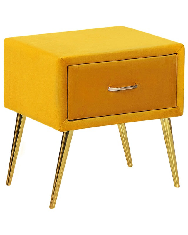 Bedside Table Yellow Velvet Upholstery Nightstand 1 Drawer Minimalist Design Bedroom Furniture Beliani