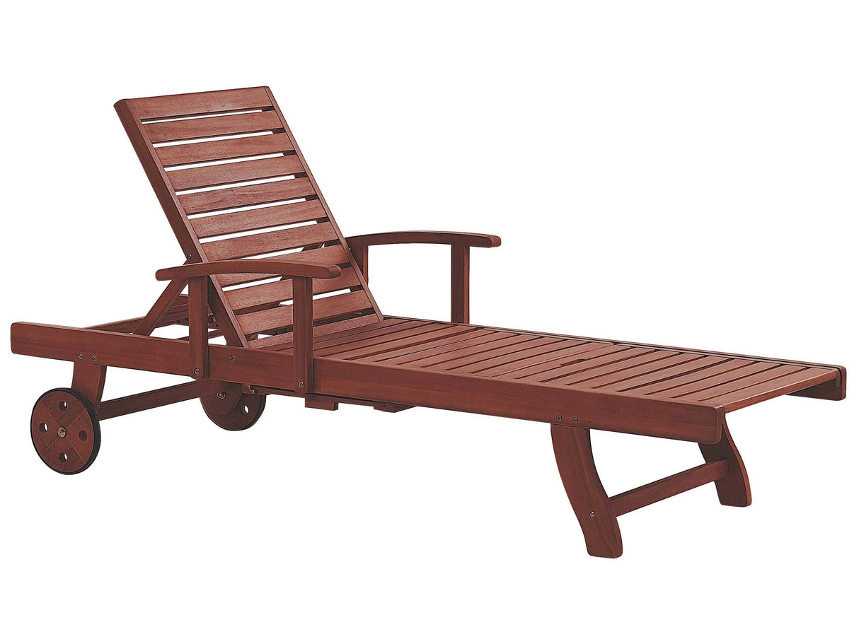 Garden Sun Lounger Light Acacia Wood Adjustable Backrest Inbuilt Castors Rustic Style Beliani