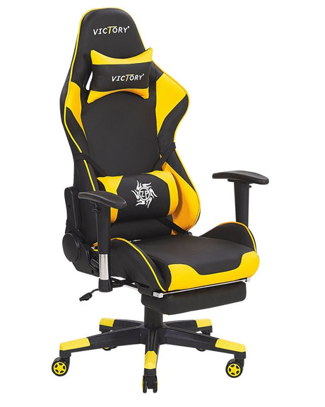 Gaming Chair Black and Yellow Faux Leather Swivel Adjustable Armrests and Height Footrest Modern Beliani