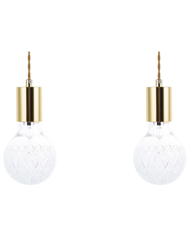 Set of 2 Pendant Lamps Glass Gold Minimalist Industrial Light Bulb Beliani