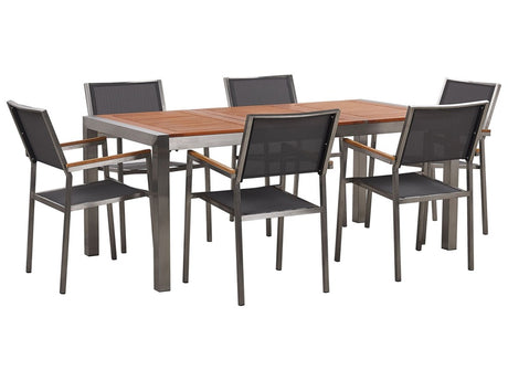 Garden Dining Set Light Eucalyptus Wood Top Steel Frame 180 x 90 cm with 6 Grey Chairs Beliani