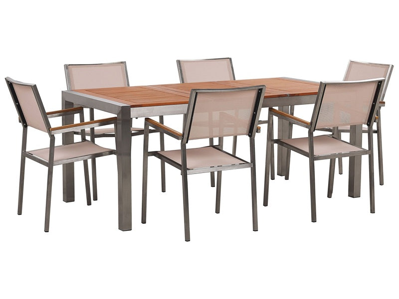 Garden Dining Set Light Eucalyptus Wood Top Steel Frame 180 x 90 cm with 6 Beige Chairs Beliani