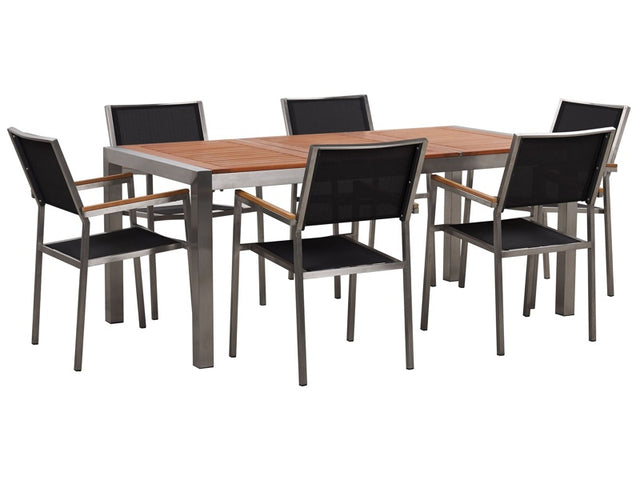 Garden Dining Set Light Eucalyptus Wood Top Steel Frame 180 x 90 cm with 6 Black Chairs Beliani