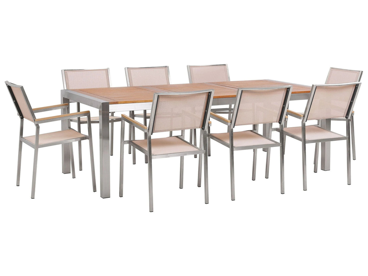 Garden Dining Set Light Eucalyptus Wood Top Steel Frame 220 x 100 cm with 8 Beige Chairs Beliani