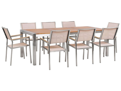 Garden Dining Set Light Eucalyptus Wood Top Steel Frame 220 x 100 cm with 8 Beige Chairs Beliani