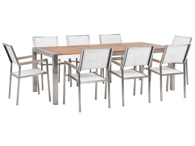 Garden Dining Set Light Eucalyptus Wood Top Steel Frame 220 x 100 cm with 8 White Chairs Beliani