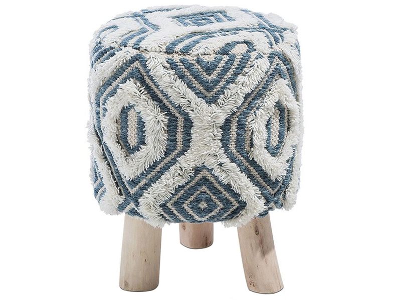 Footstool White with Blue Wool and Cotton with Wooden Legs Oriental Pattern Rustic Beliani