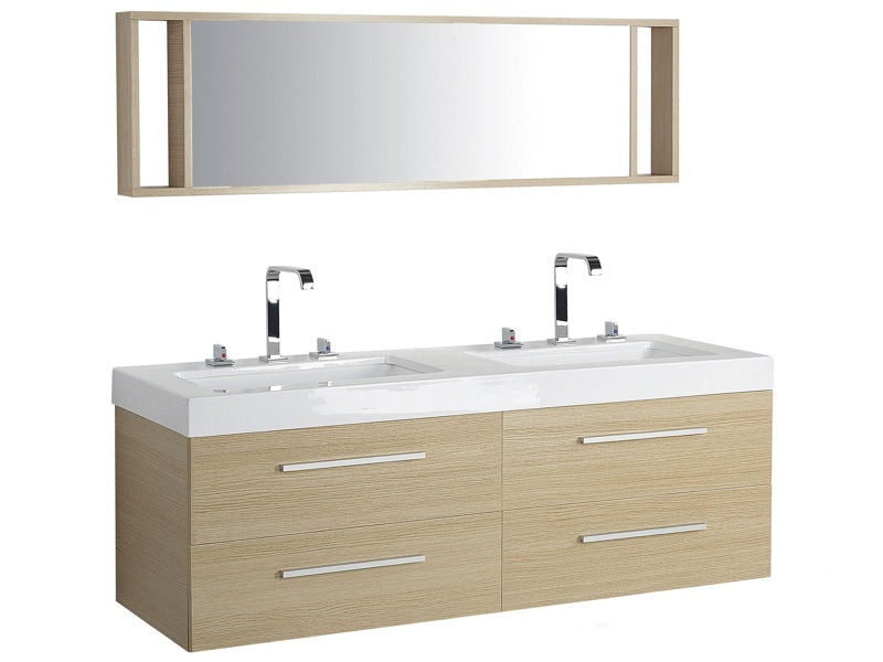 Bathroom Vanity Unit Light Wood Four Drawers Mirror Modern Beliani