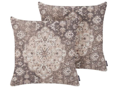 Set of 2 Decorative Cushions Brown Oriental Pattern 45 x 45 cm Distressed Vintage Decor Accessories Beliani