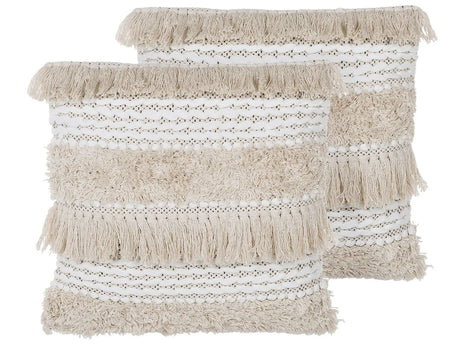 Set of 2 Decorative Cushions Beige Striped Pattern 45 x 45 cm with Tassels Boho Retro Decor Accessories Beliani