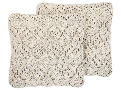 Decorative Cushion Beige Cotton Macram 50 x 50 cm Rope Boho Retro Decor Accessories Beliani