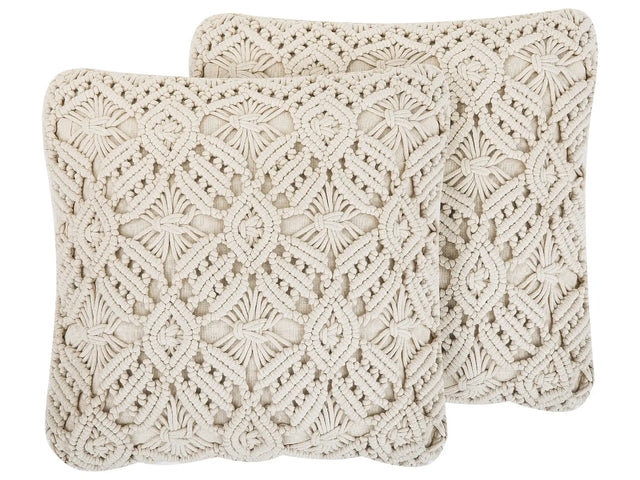 Decorative Cushion Beige Cotton Macram 50 x 50 cm Rope Boho Retro Decor Accessories Beliani