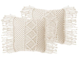 Decorative Cushion Set of 2 Beige Cotton Macram 40 x 45 cm with Tassels Rope Boho Retro Decor Accessories Beliani