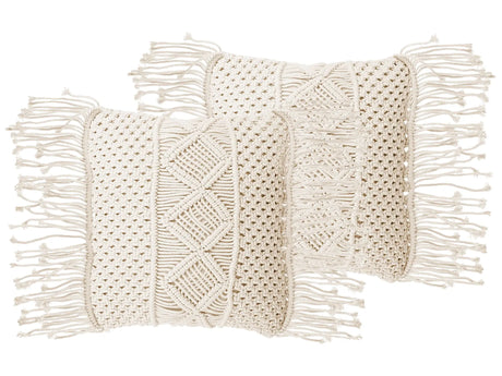 Decorative Cushion Set of 2 Beige Cotton Macram 40 x 45 cm with Tassels Rope Boho Retro Decor Accessories Beliani