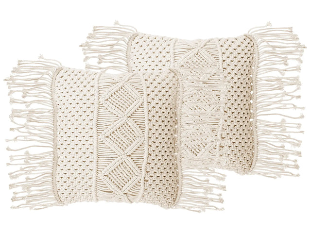 Decorative Cushion Set of 2 Beige Cotton Macram 40 x 45 cm with Tassels Rope Boho Retro Decor Accessories Beliani