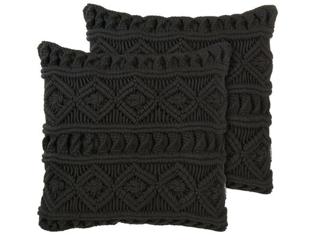 Decorative Cushion Set of 2 Black Cotton Macramé 45 x 45 cm Rope Boho Retro Decor Accessories Beliani