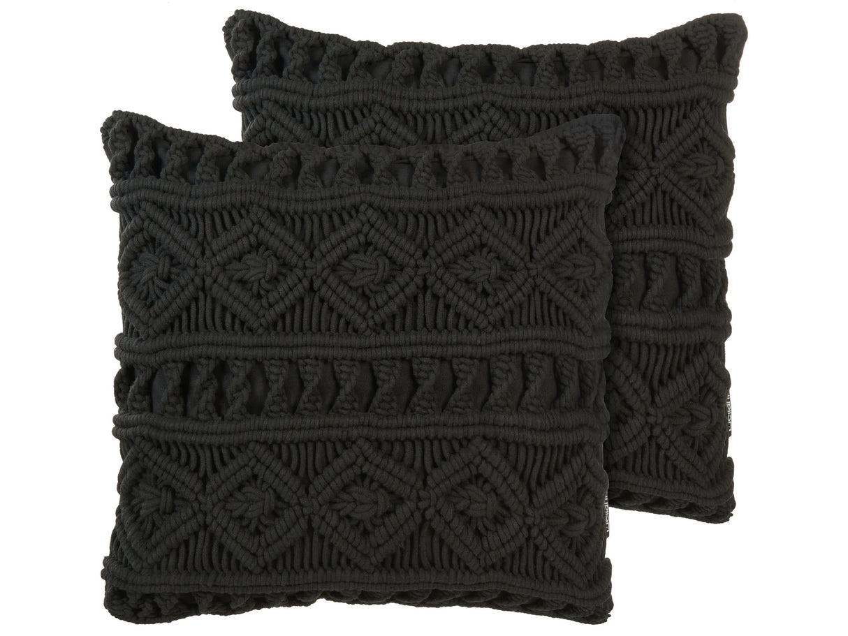 Decorative Cushion Set of 2 Black Cotton Macram 45 x 45 cm Rope Boho Retro Decor Accessories Beliani