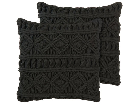 Decorative Cushion Set of 2 Black Cotton Macram 45 x 45 cm Rope Boho Retro Decor Accessories Beliani