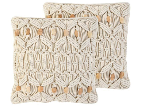 Set of 2 Decorative Cushion Beige Cotton Macramé 45 x 45 cm Rope Boho Retro Decor Accessories Beliani