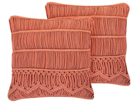 Set of 2 Decorative Cushion Orange Cotton Macramé 45 x 45 cm Rope Boho Retro Decor Accessories Beliani