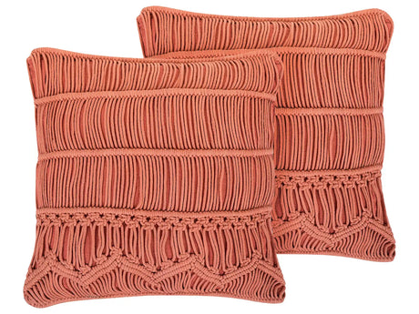 Set of 2 Decorative Cushion Orange Cotton Macram 45 x 45 cm Rope Boho Retro Decor Accessories Beliani