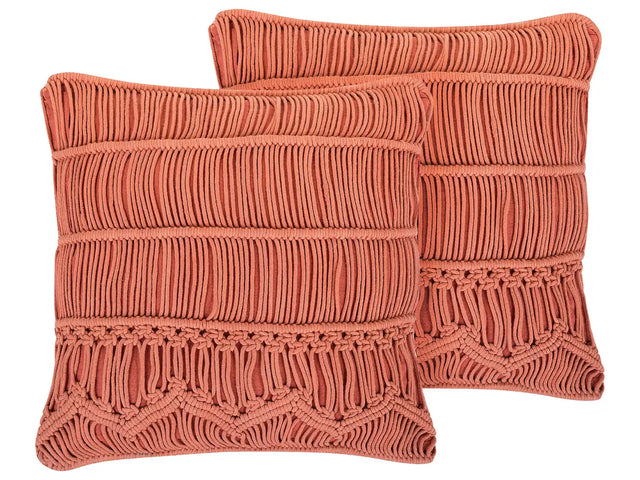 Set of 2 Decorative Cushion Orange Cotton Macram 45 x 45 cm Rope Boho Retro Decor Accessories Beliani