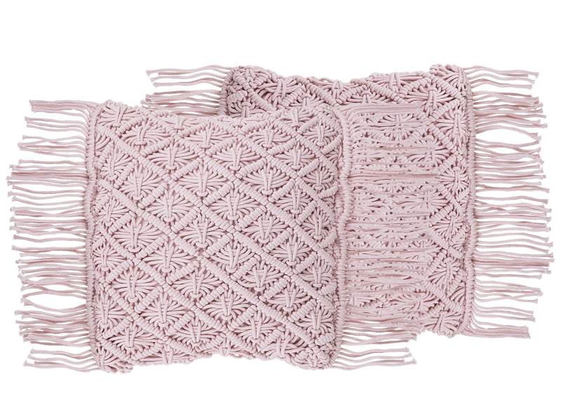 Decorative Cushion Set of 2 Pink Cotton Macramé 40 x 40 cm with Tassels Rope Boho Retro Decor Accessories Beliani