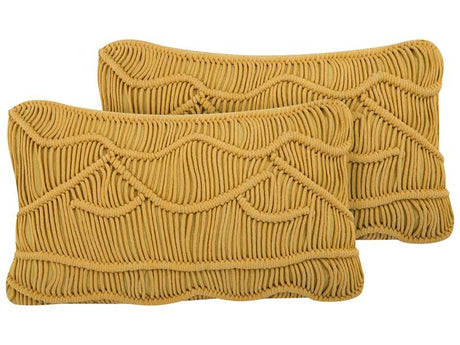 Decorative Cushions Set of 2 Yellow Cotton Macramé 30 x 50 cm Rope Boho Retro Decor Accessories Beliani