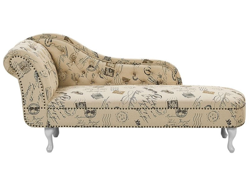 Chaise Lounge Beige Left Hand Polyester Fabric Buttoned Nailheads Stamp Print Beliani