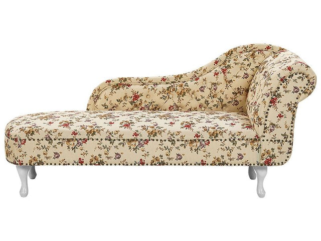 Chaise Lounge Beige Multicolour Right Hand Polyester Fabric Buttoned Nailheads Flower Pattern Beliani