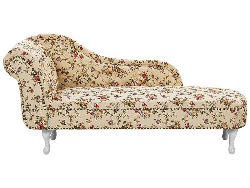 Chaise Lounge Beige Multicolour Left Hand Polyester Fabric Buttoned Nailheads Flower Pattern Beliani