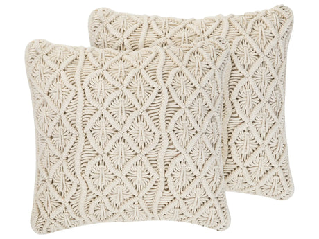 Set of 2 Decorative Cushions Light Beige Cotton Macram 45 x 45 cm Rope Boho Retro Decor Accessories Beliani