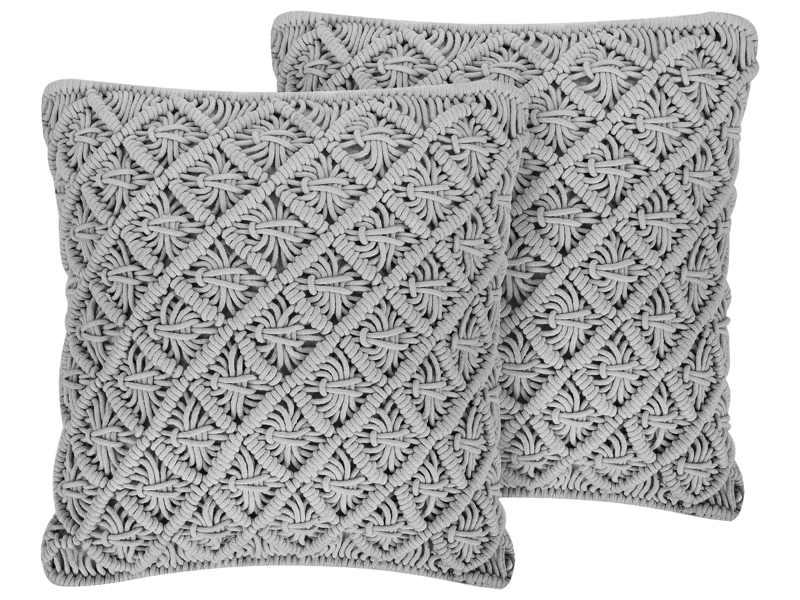 Set of 2 Decorative Cushions Grey Cotton Macramé 45 x 40 cm Rope Boho Retro Decor Accessories Beliani