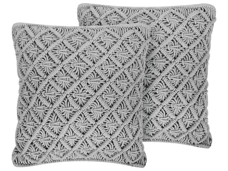 Set of 2 Decorative Cushions Grey Cotton Macram 45 x 40 cm Rope Boho Retro Decor Accessories Beliani