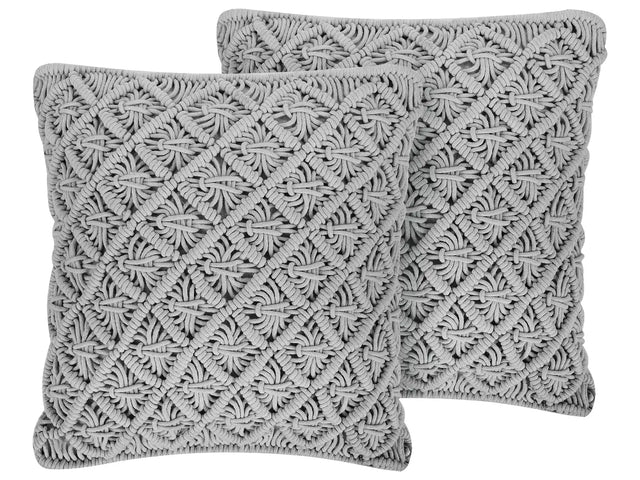 Set of 2 Decorative Cushions Grey Cotton Macram 45 x 40 cm Rope Boho Retro Decor Accessories Beliani
