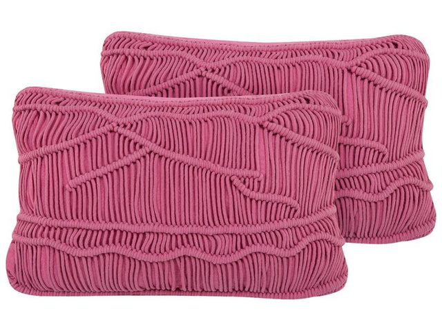 Decorative Cushions Set of 2 Pink Cotton Macramé 30 x 50 cm Rope Boho Retro Decor Accessories Beliani