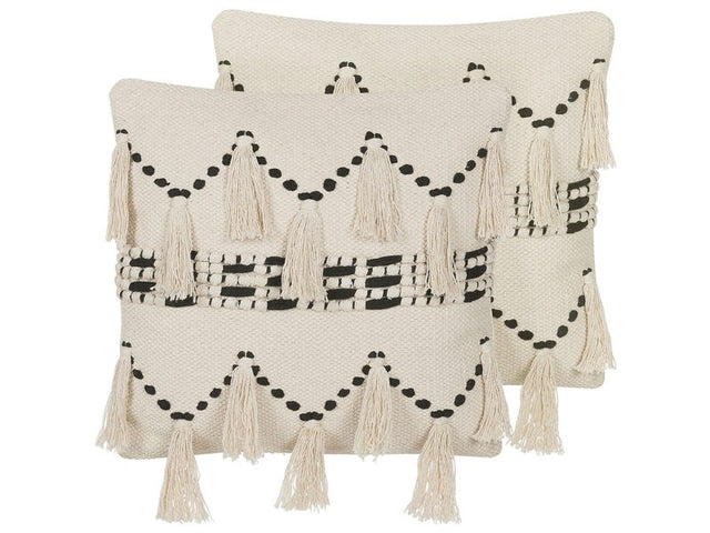 Set of 2 Decorative Cushions Beige Cotton 45 x 45 cm With Tassels Boho Decor Beliani