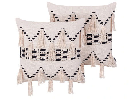 Set of 2 Decorative Cushions Beige Cotton 45 x 45 cm With Tassels Boho Decor Beliani