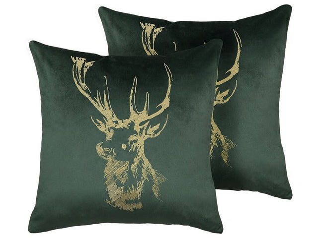 Set of 2 Decorative Cushions Green Velvet Reindeer Print 45 x 45 cm Modern Decor Accessories Christmas Beliani