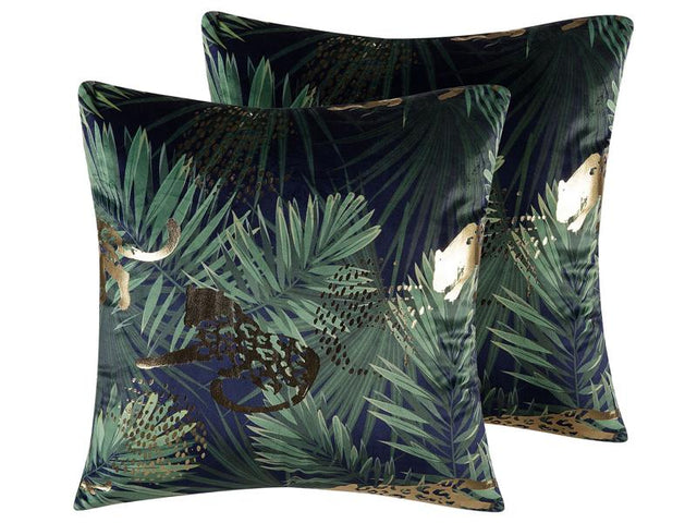 Set of 2 Decorative Cushions Green Velvet Palm Leaf Floral Pattern 45 x 45 cm Animal Foil Print Modern Retro Decor Accessories Beliani