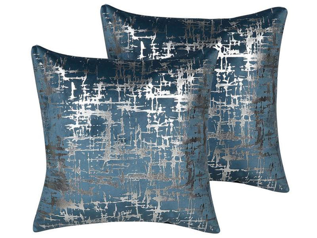 Set of 2 Decorative Cushions Blue Velvet Silver Crackle Effect 45 x 45 cm Foil Print Pattern Glamour Decor Accessories Beliani