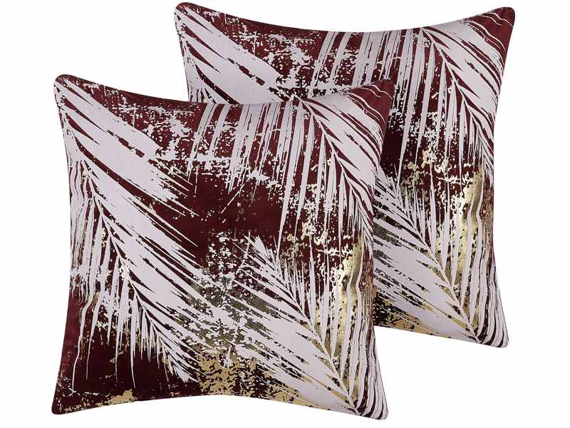 Set of 2 Decorative Cushions Burgundy Palm Leaf Pattern 45 x 45 cm Floral Motif Foil Print Glamour Decor Accessories Beliani