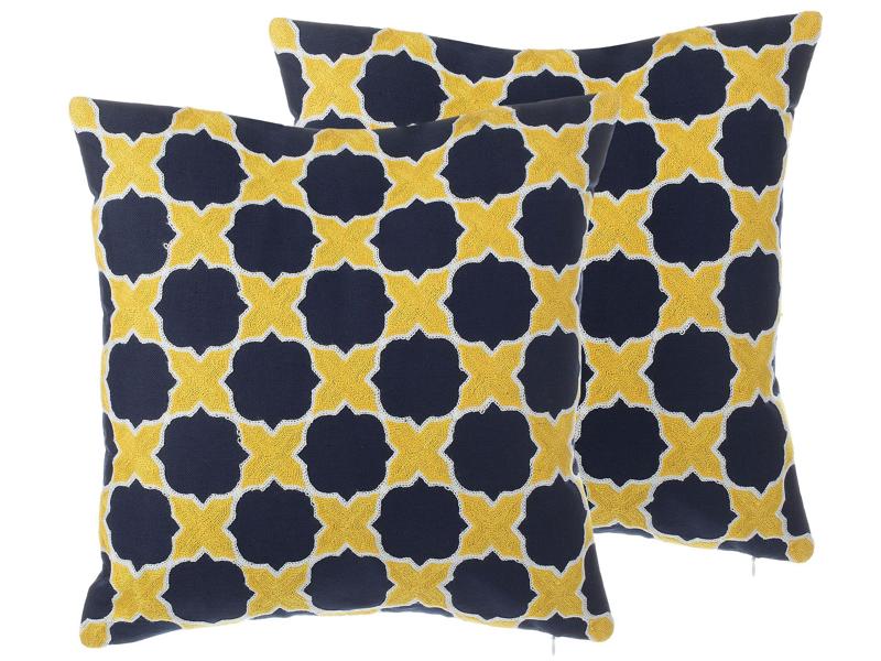 Set of 2 Decorative Cushions Blue and Yellow Cotton Quatrefoil Pattern 45 x 45 cm Retro Decor Accessories Beliani