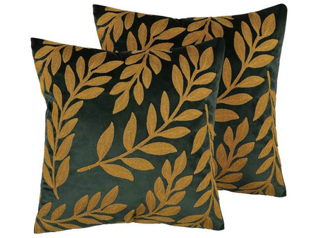 Set of 2 Decorative Cushions Green Velvet Embroidered Leaf Pattern 45 x 45 cm Floral Motif Glamour Retro Decor Accessories Beliani