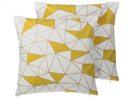 Set of 2 Decorative Cushions Yellow Cotton Geometric Pattern 45 x 45 cm Net Print Decor Accessories Beliani