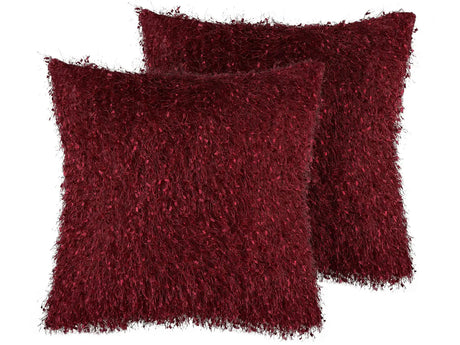 Set of 2 Decorative Cushions Red Shaggy 45 x 45 cm Modern Glamour Decor Accessories Beliani