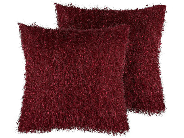 Set of 2 Decorative Cushions Red Shaggy 45 x 45 cm Modern Glamour Decor Accessories Beliani